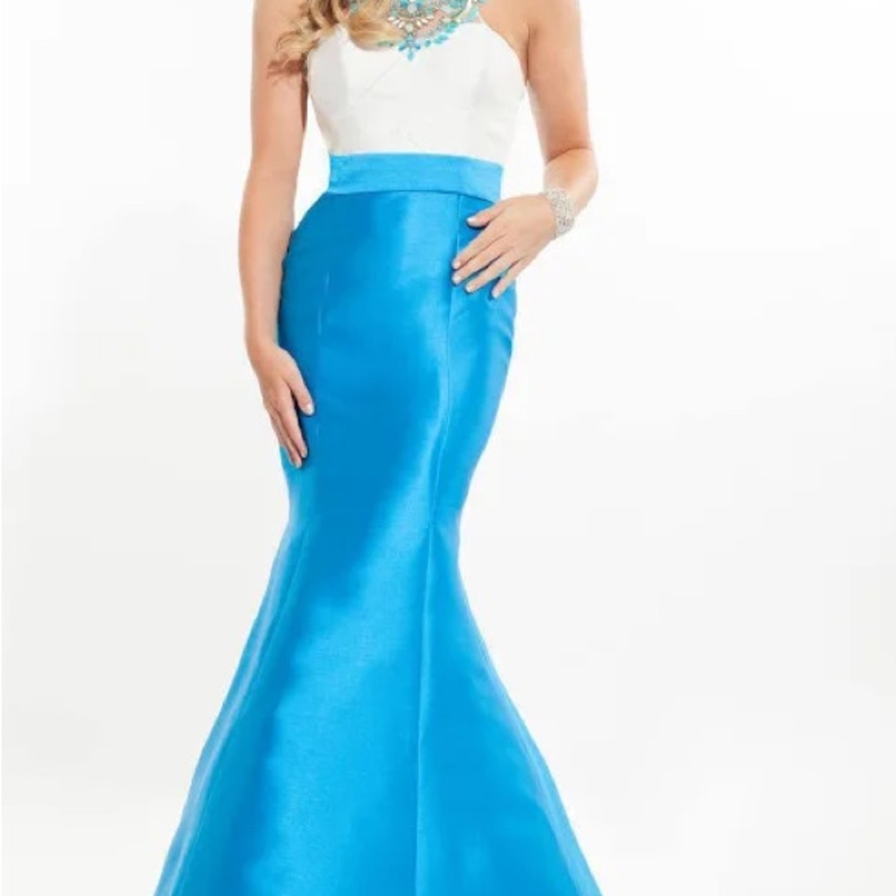 Rachel Allan Strapless Blue and White Prom Dress